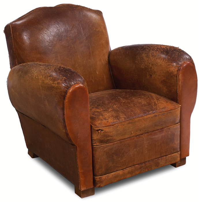 Appraisal: French club chair worn leather upholstery replaced front panels w