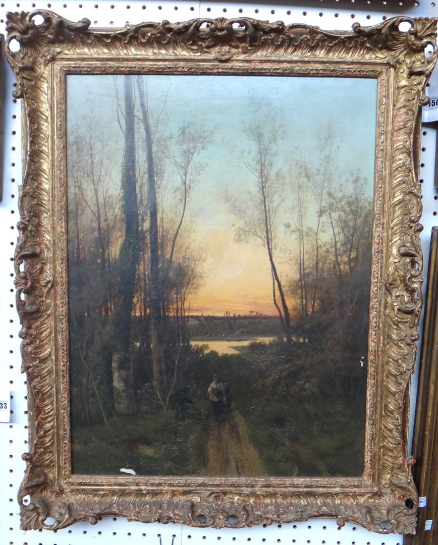 Appraisal: Harpsal th century Sunset through the trees oil on canvas