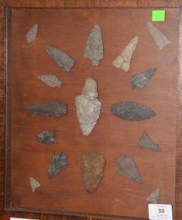 Appraisal: American Indian spear and arrowheads pieces in case American Indian