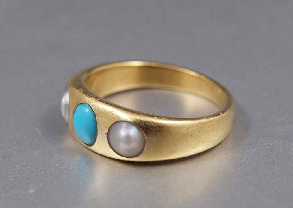 Appraisal: K VICTORIAN PEARL TURQUOISE RING K yellow gold ring contains