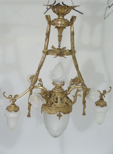 Appraisal: Art Nouveau Chandelier four lights central etched frosted glass drop