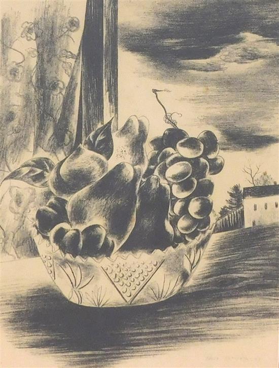 Appraisal: ASIAN Yasou Kuniyoshi Japanese-American - Pears Grapes and Peaches lithograph