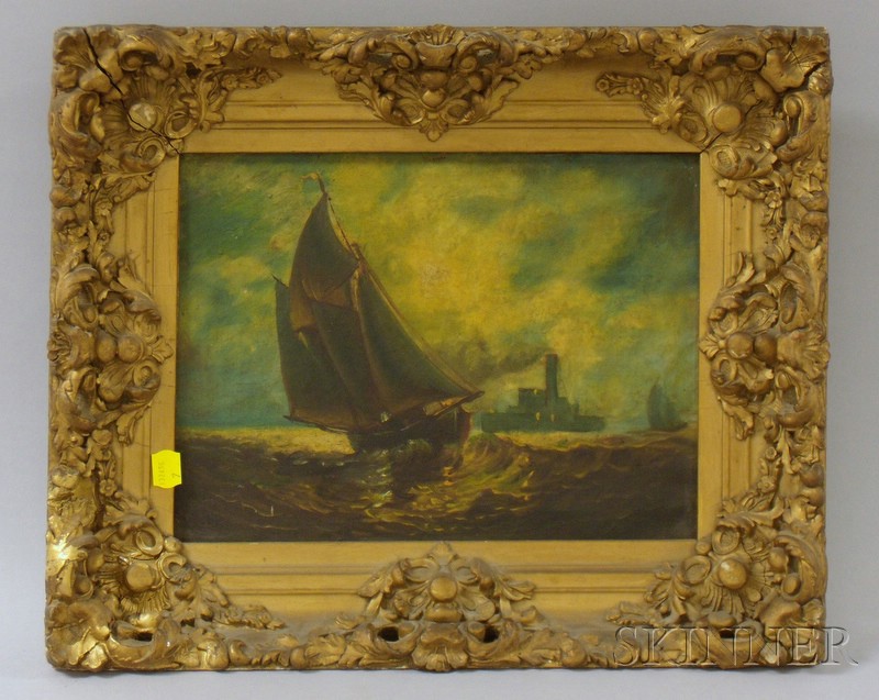 Appraisal: Framed Oil on Canvas Marine Scene with Sailboat and Steamer