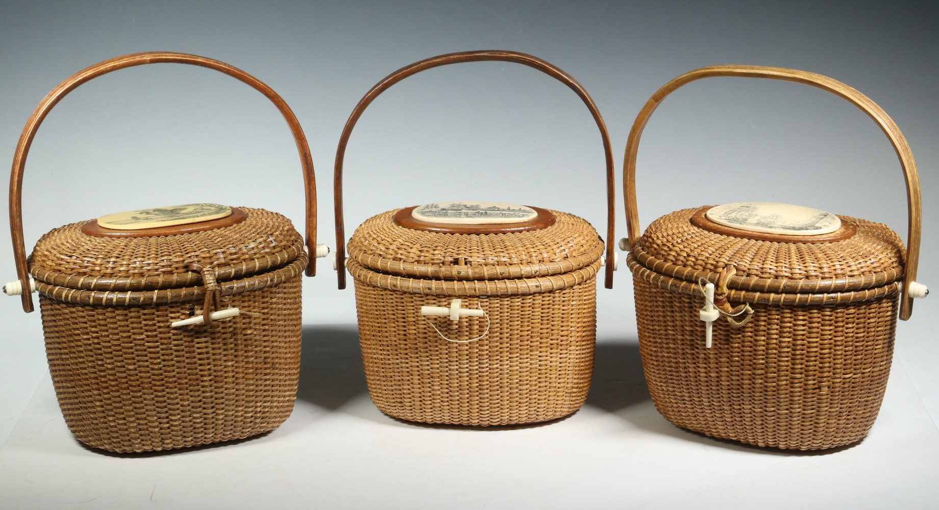 Appraisal: REPLICA NANTUCKET BASKET PURSES Group of Swing Handle Basket Purses