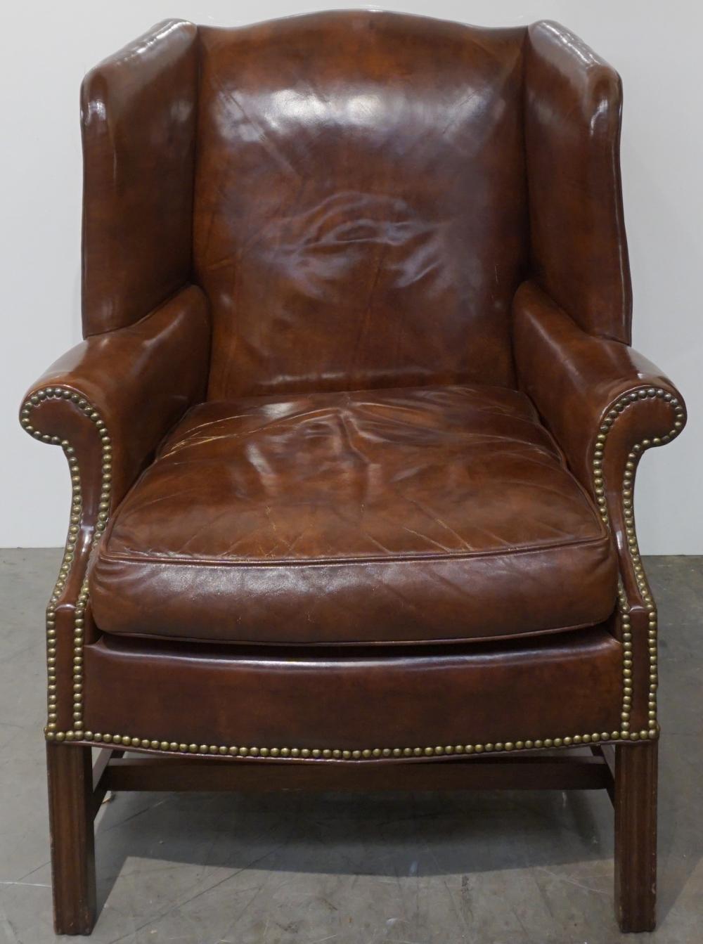 Appraisal: George III Style Mahogany Brass Nail Studded Brown Leather Upholstered