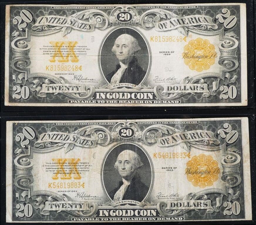 Appraisal: large format US currency twenty dollar gold certificate notes series