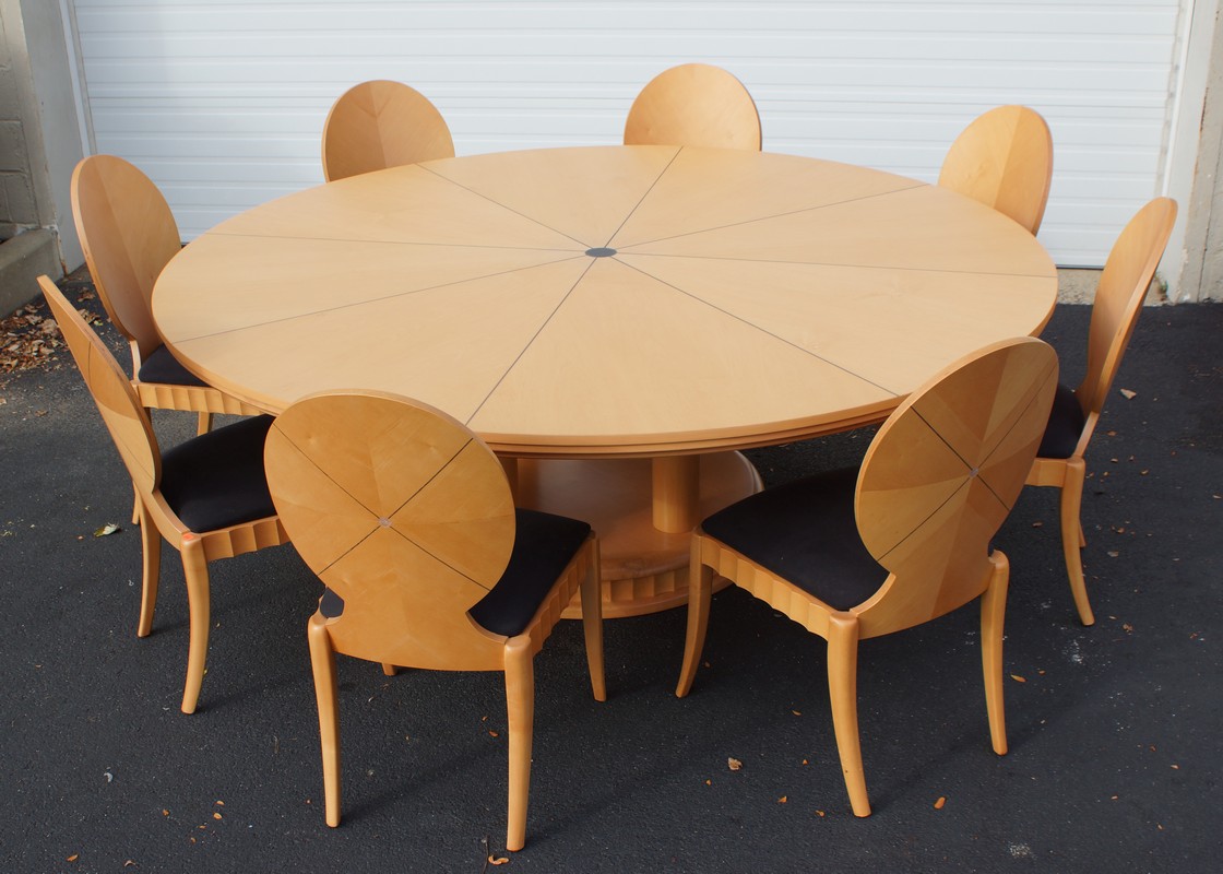 Appraisal: Contemporary Mid-Century design round pedestal DR table with segmented inlaid