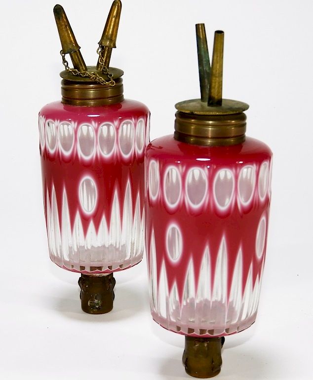 Appraisal: RARE Boston Sandwich Glass Raspberry Cut Peg Lamps United States