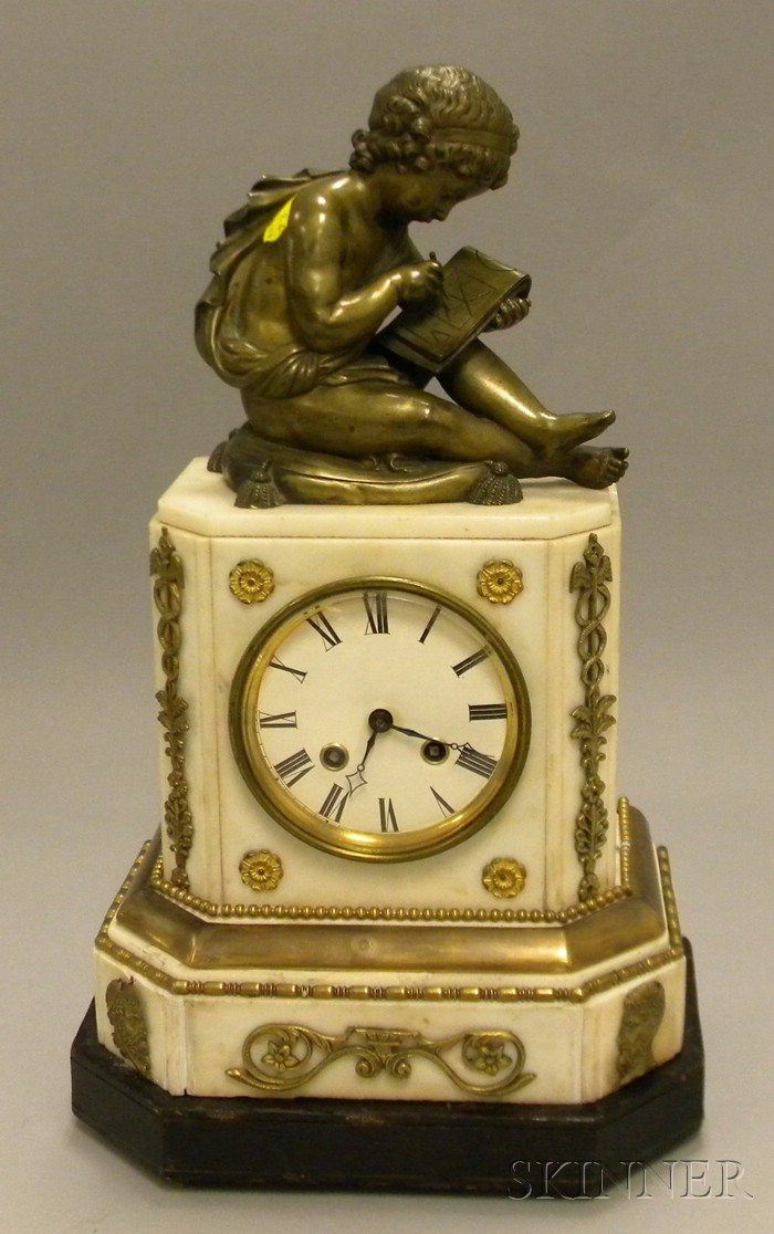 Appraisal: French Alabaster and Brass-mounted Mantel Clock with Roman numeral dial