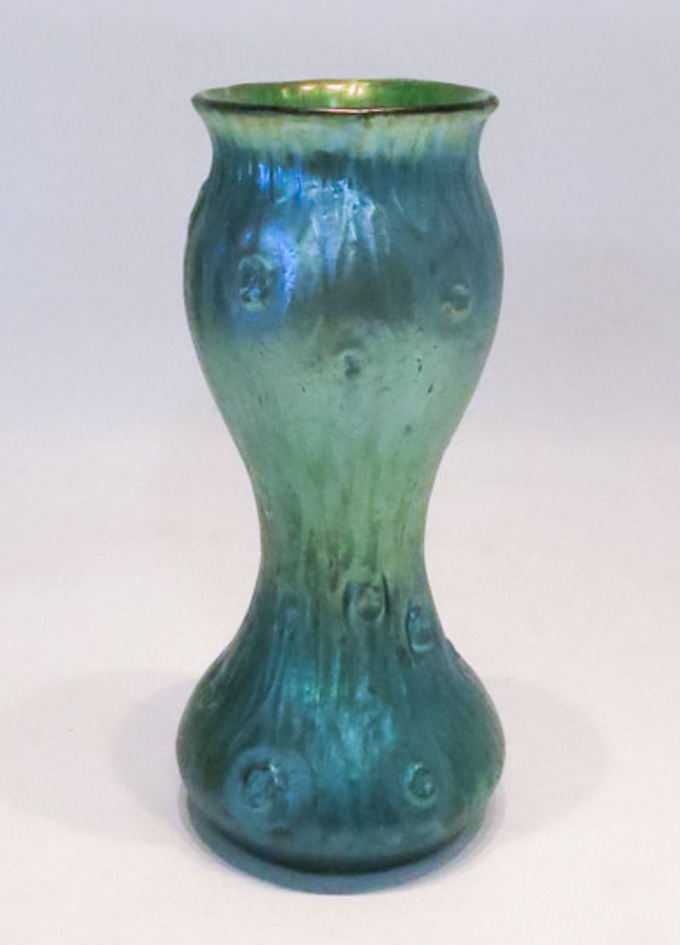 Appraisal: IRIDESCENT STUDIO ART GLASS VASE gourd form green iridescent glass