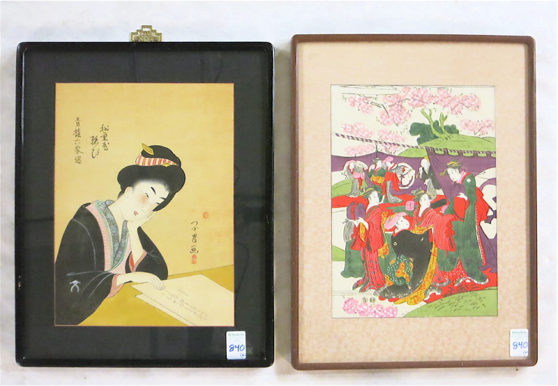 Appraisal: TWO JAPANESE WOODCUTS Woman reading a paper and actors backstage