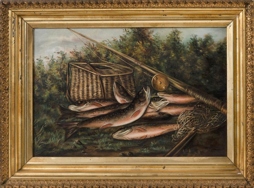 Appraisal: PAINTING OF A BROOK TROUT AND FISHING TACKLE TH CENTURY