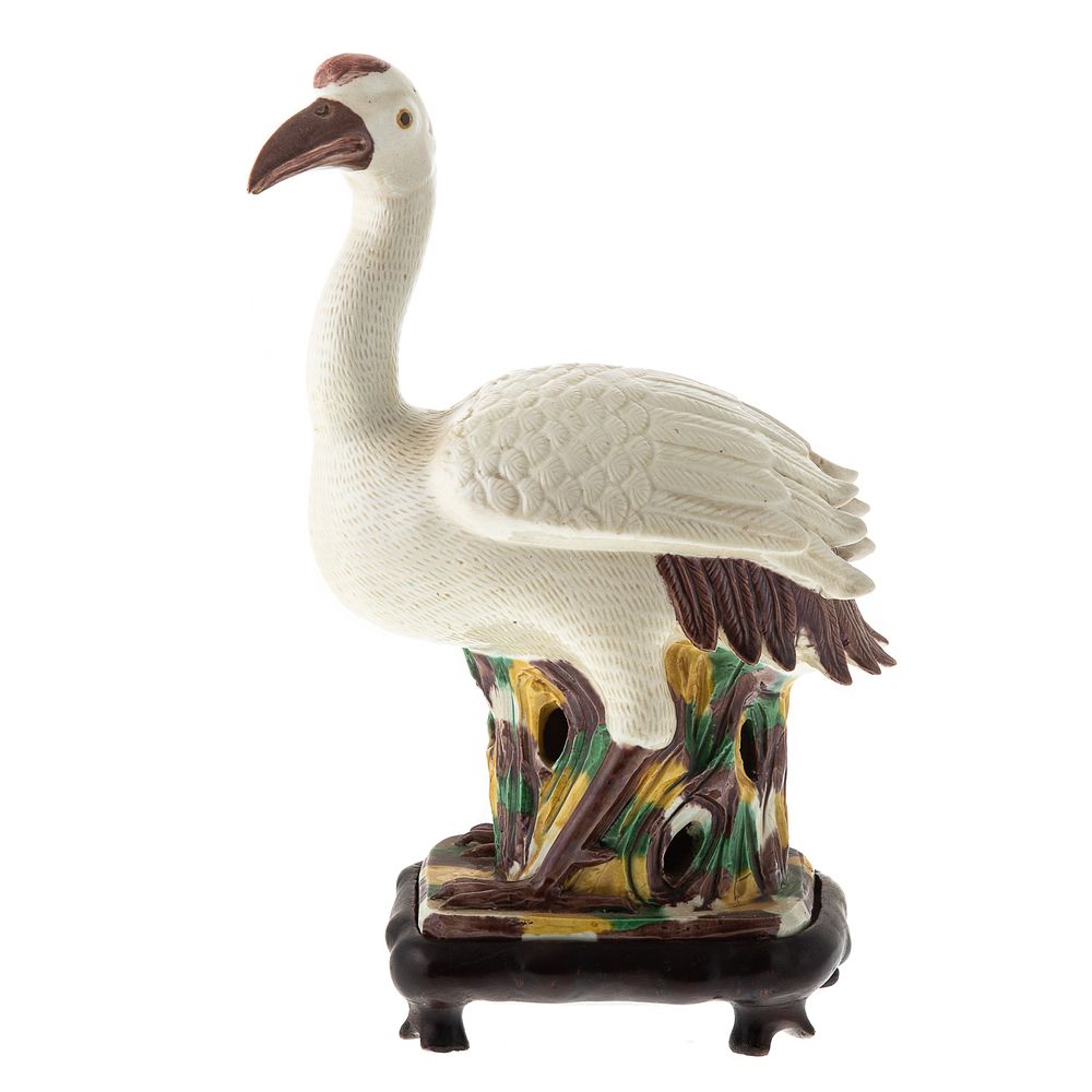 Appraisal: Chinese Sancai Glazed Crane Standing crane on stump with textured