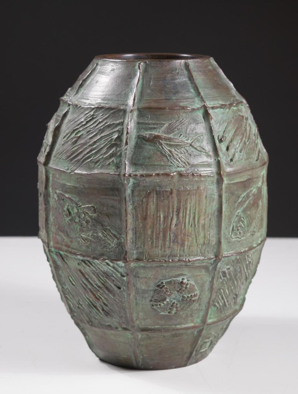 Appraisal: SIGNED JAPANESE BRONZE VASE ovoid form featuring relief netting and