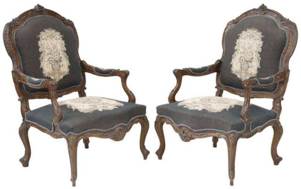 Appraisal: pair Louis XV style carved armchairs th c rocaille crest