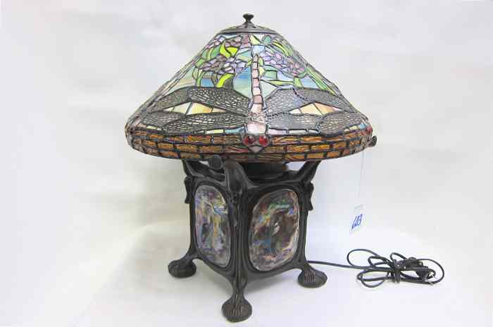 Appraisal: TIFFANY STYLE DRAGON FLY TABLE LAMP The '' diameter stained