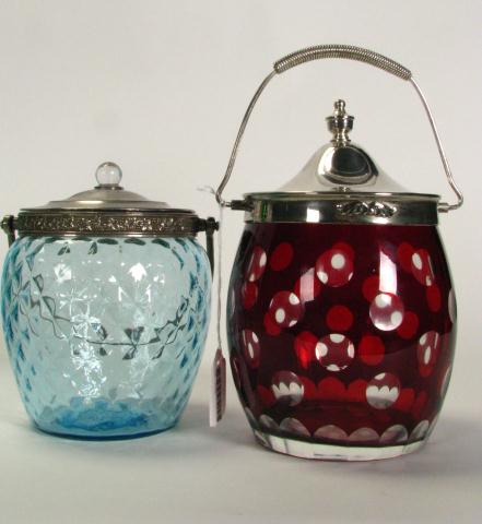 Appraisal: Ruby art glass biscuit jar case glass in polka dot