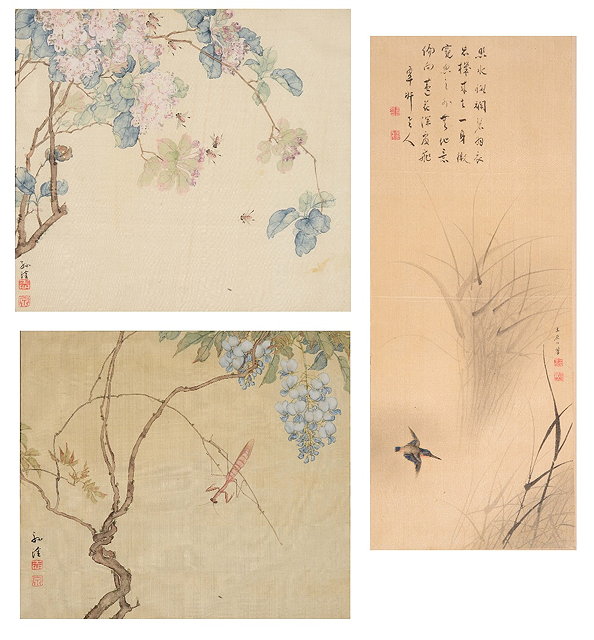 Appraisal: A GROUP OF THREE ORIENTAL PAINTINGS ON SILK of insects