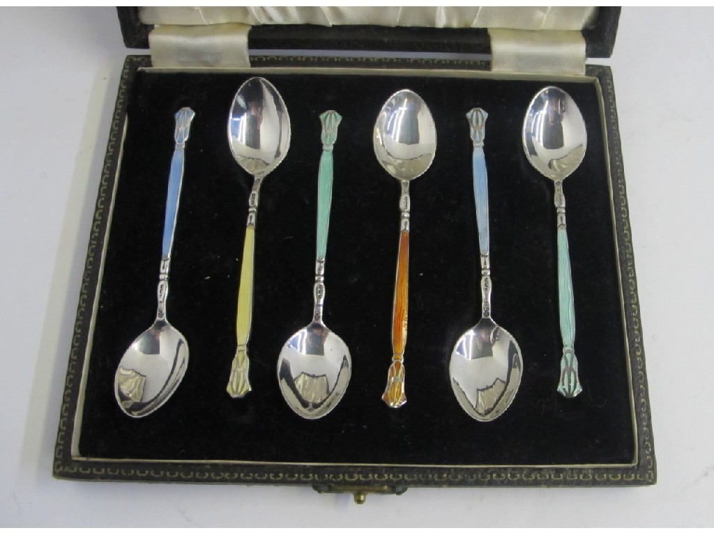 Appraisal: Cased set of six silver and enamel spoons Birmingham