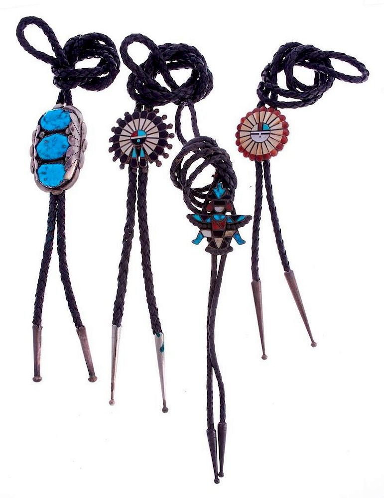 Appraisal: ZUNI AND NAVAJO BOLOS Four Vintage Navajo and Zuni bolo