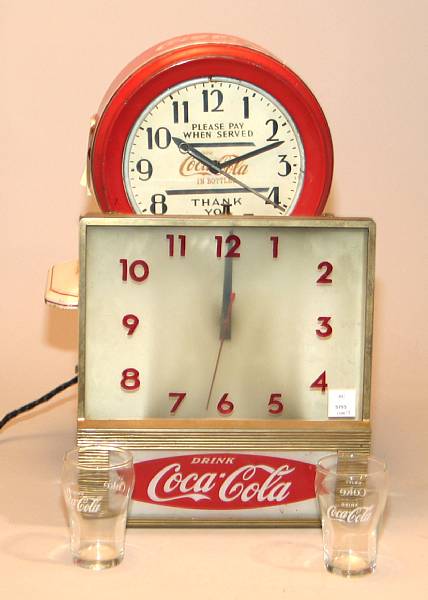 Appraisal: Coca-Cola Clocks Glasses Miscellany Lot includes a stylized wall clock