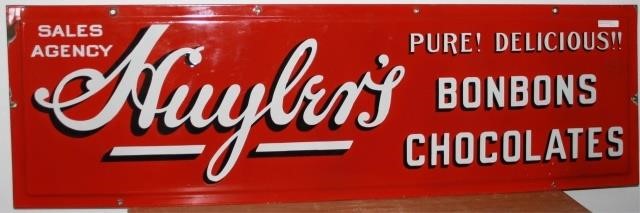 Appraisal: VINTAGE HUYLER S BONBONS CHOCOLATE EMBOSSEDPORCELAIN ENAMEL ADVERTISING SIGN SHOWS