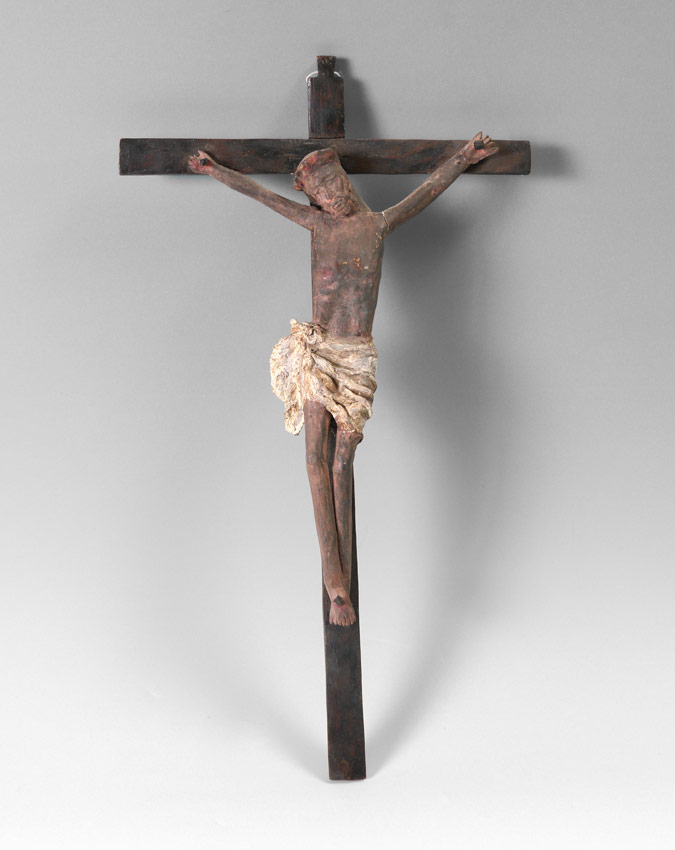 Appraisal: POLYCHROME CARVED WOOD CORPUS Mounted to carved wood crucifix Actual