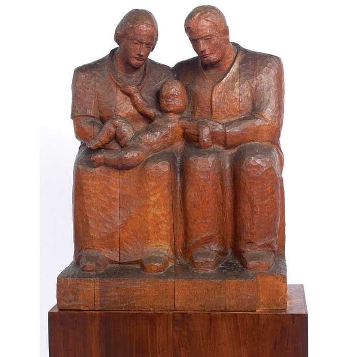 Appraisal: WPA style sculpture Family c carved wood w x d