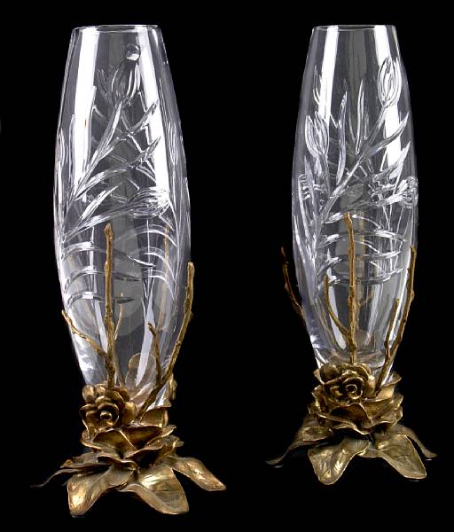 Appraisal: A pair of crystal and bronze mounted vases height in