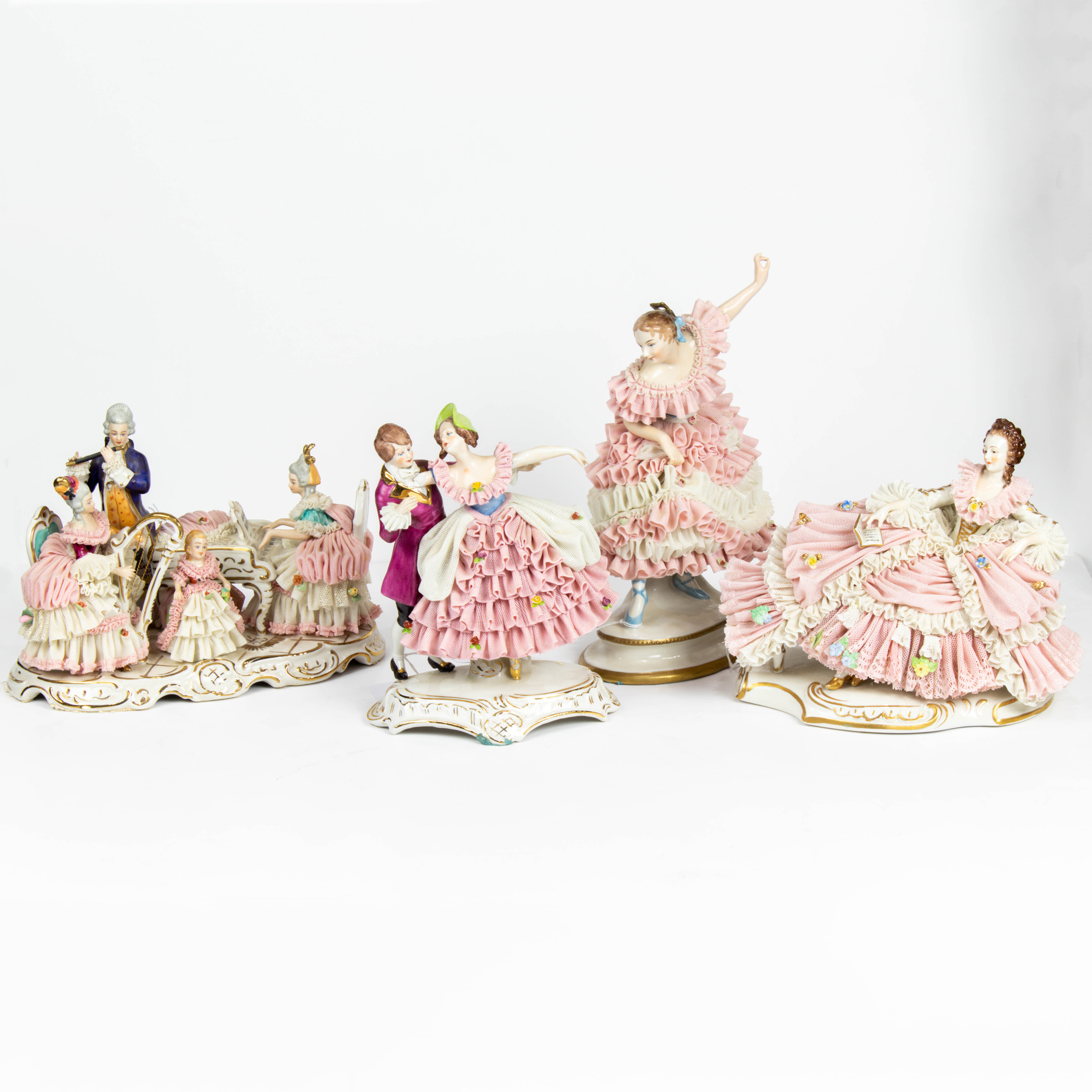 Appraisal: LOT OF DRESDEN PORCELAIN CRINOLINE FIGURAL GROUPS Lot of Dresden