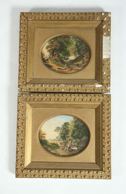 Appraisal: TWO LANDSCAPE PAINTINGS Oil on artist board Farm scenes Frames