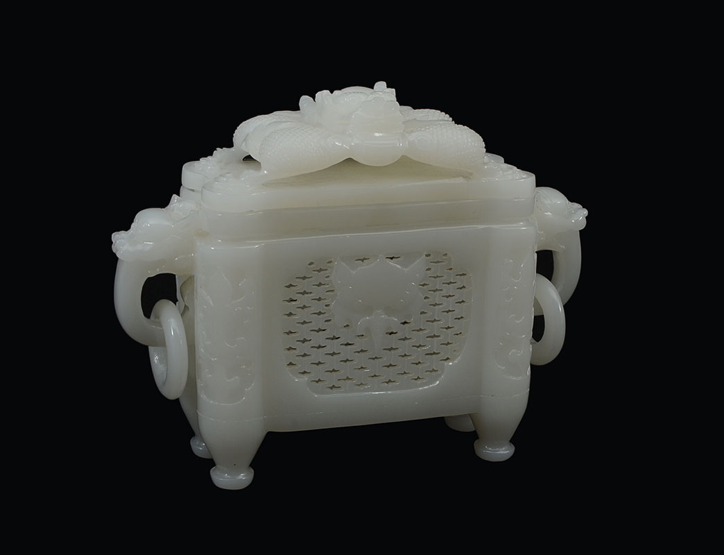 Appraisal: CHINESE CARVED WHITE JADE CENSER WITH DRAGON LID Carved white