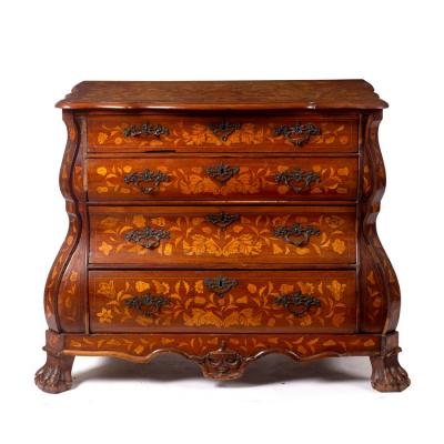 Appraisal: A Dutch floral marquetry chest of bomb shape fitted four