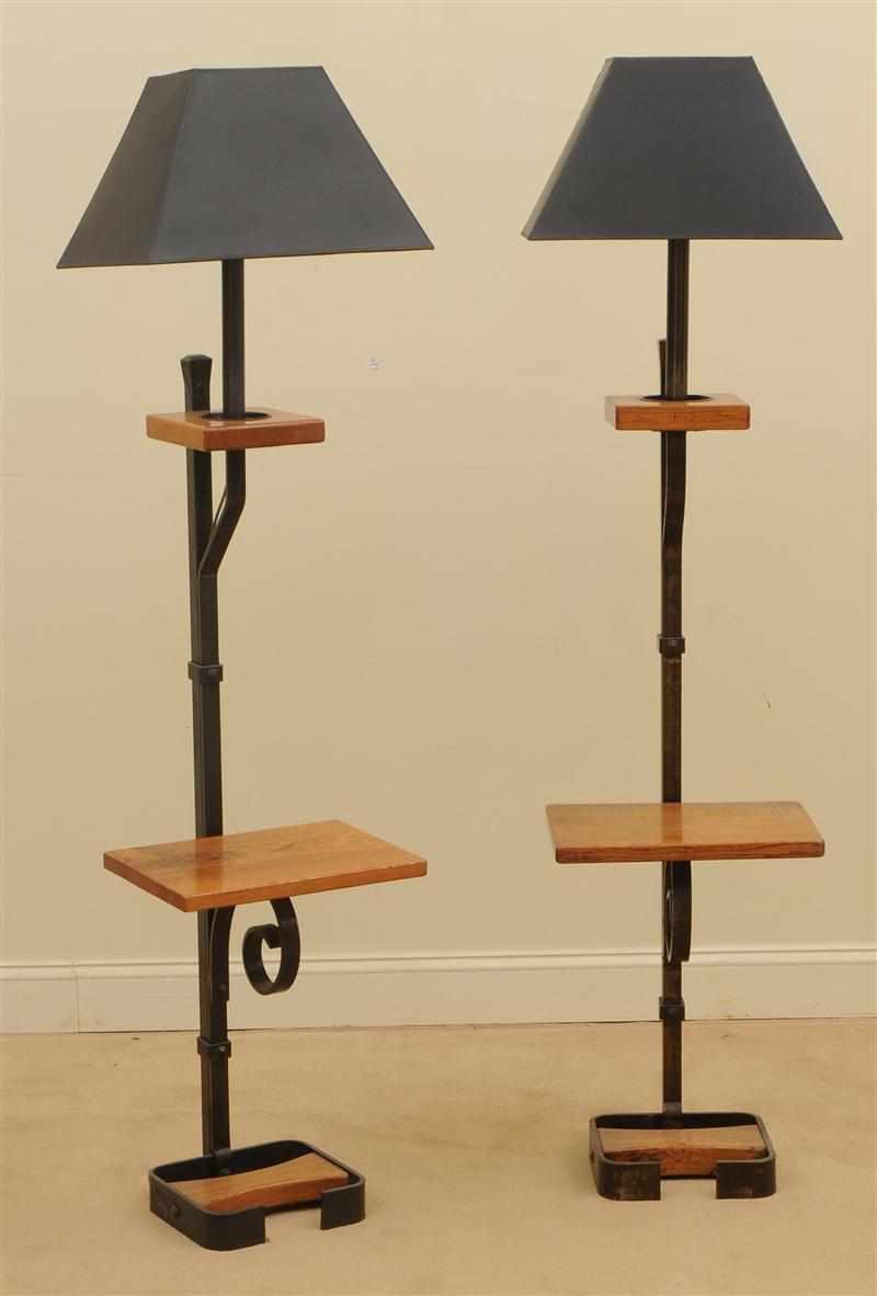 Appraisal: PAIR OF WROUGHT IRON AND OAK LAMP TABLES x x