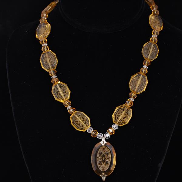 Appraisal: Czech Art Deco Intaglio Cut Amber Crystal Beaded Necklace