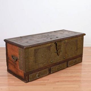 Appraisal: Dutch Colonial brass mounted hardwood trunk th th c brass