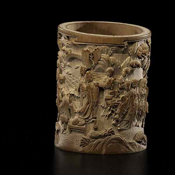 Appraisal: Chinese Bamboo Brush Pot Chinese th century A carved bamboo