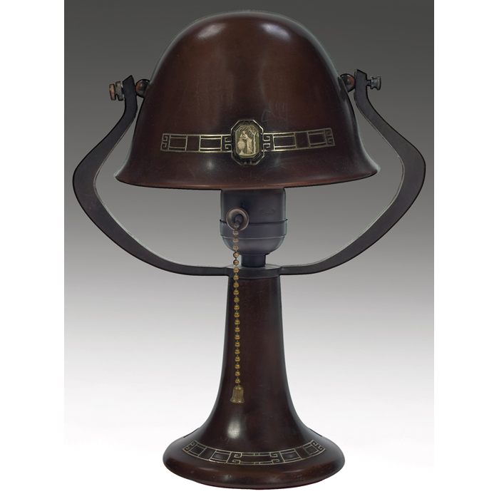 Appraisal: Heintz lamp helmet shade with silver overlay design on bronze