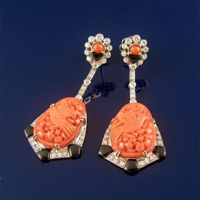 Appraisal: A coral diamond and black onyx drop earrings each earrings