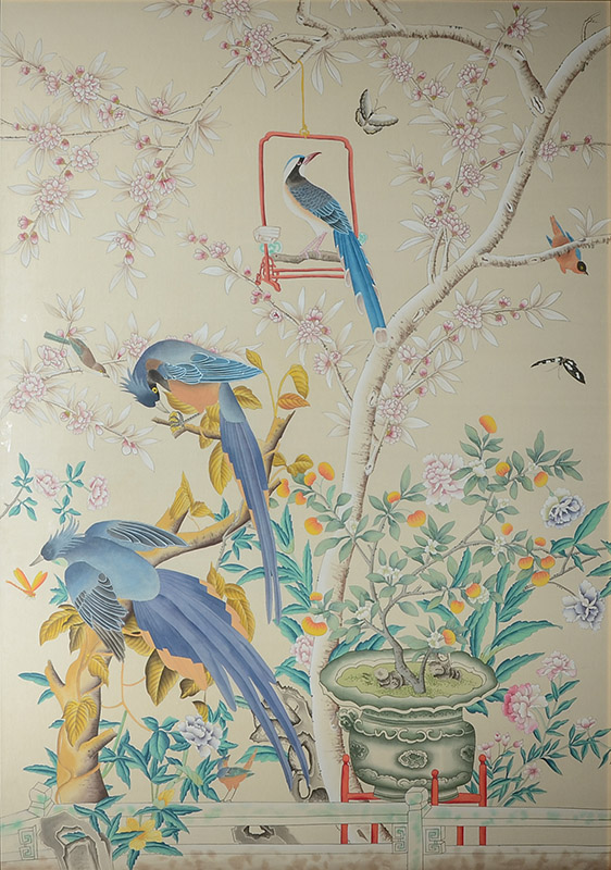 Appraisal: LARGE MOTIF WATERCOLOR SILK PAINTING Scene depicts birds and butterflies