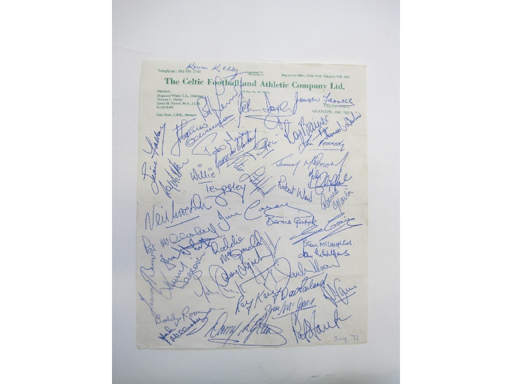 Appraisal: A sheet of Celtic Football Club headed notepaper signed by