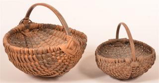 Appraisal: Two Antique Woven Oak Splint Field Baskets Round form bentwood