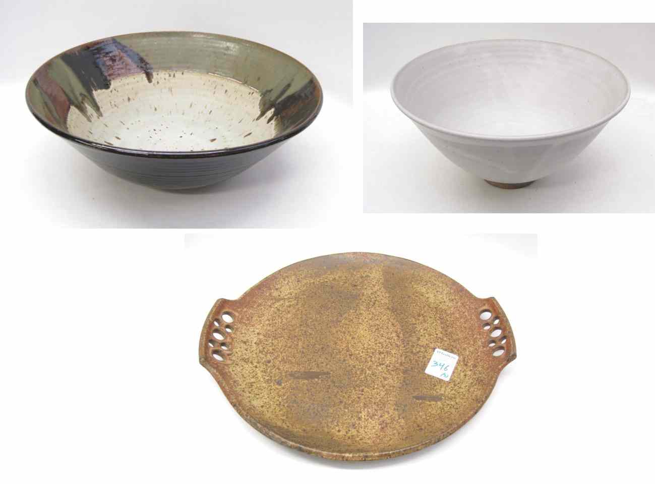 Appraisal: TWO POTTERY BOWLS AND A TRAY One bowl signed Beppu