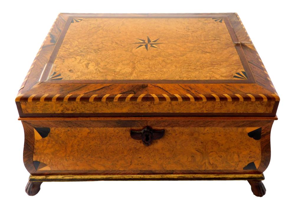 Appraisal: Parquetry box mid- th C sewing box with veneered exterior