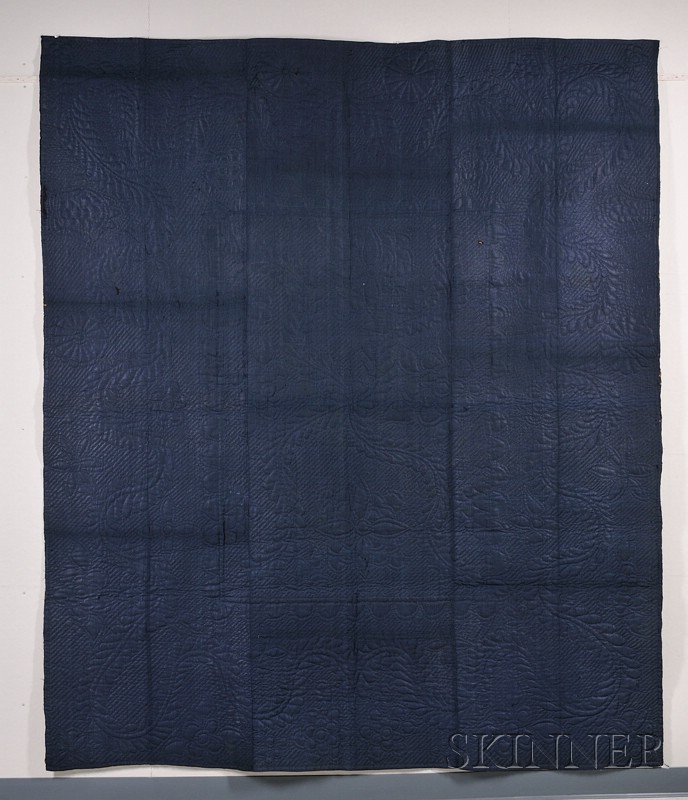 Appraisal: Glazed Indigo Wool Calamanco Whole Cloth Quilt New England early