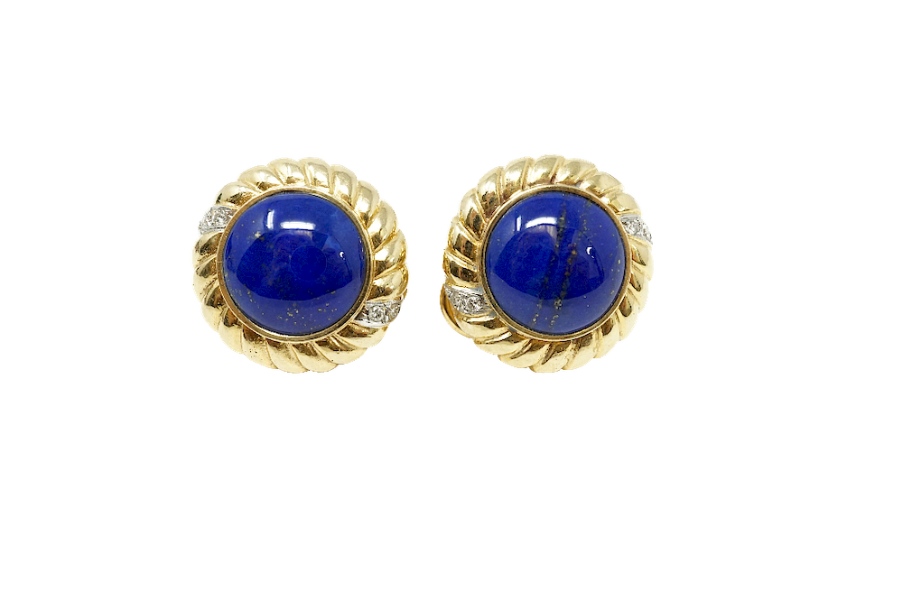 Appraisal: Fourteen Karat Yellow Lapis Diamond Earrings Fourteen Karat Gold Lapis