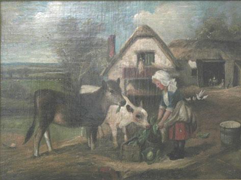 Appraisal: W HUNT The Farmyard with a girl feeding calves indistinctly