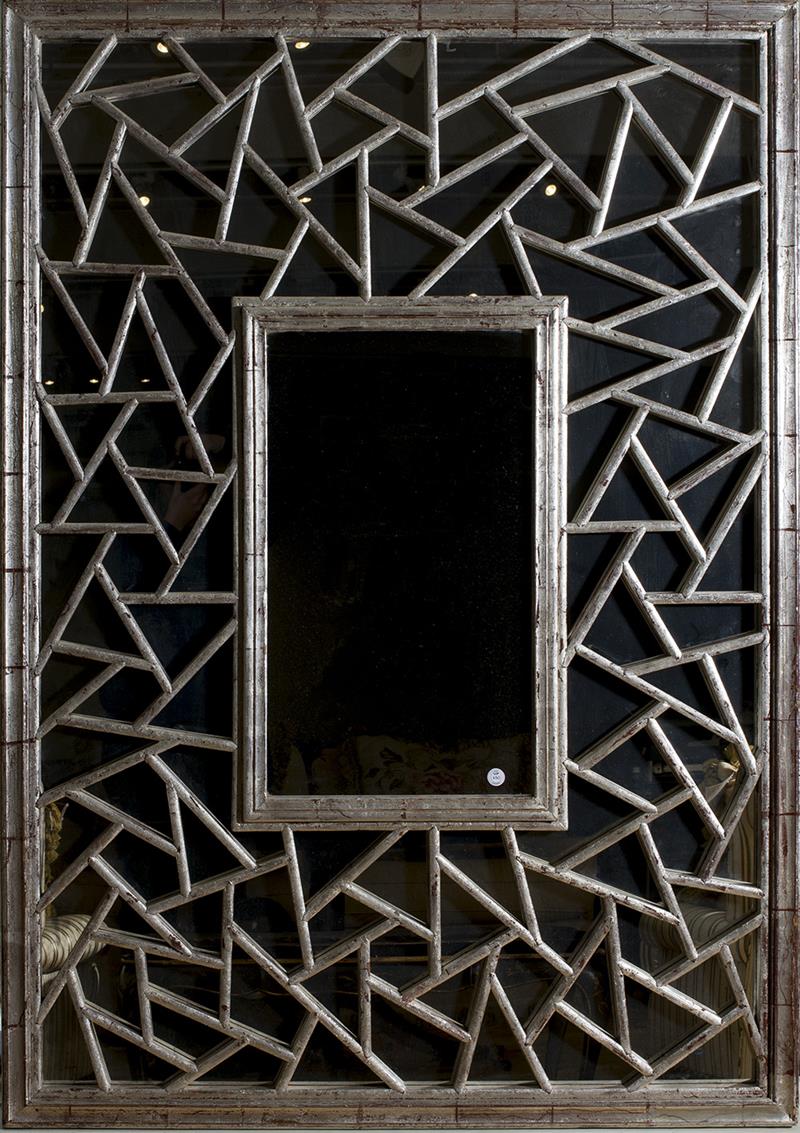 Appraisal: LARGE CHINESE SILVERED WOOD MIRROR The central rectangular panel within