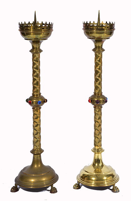 Appraisal: A PAIR OF EARLY TH CENTURY BRASS GOTHIC REVIVAL CANDLE