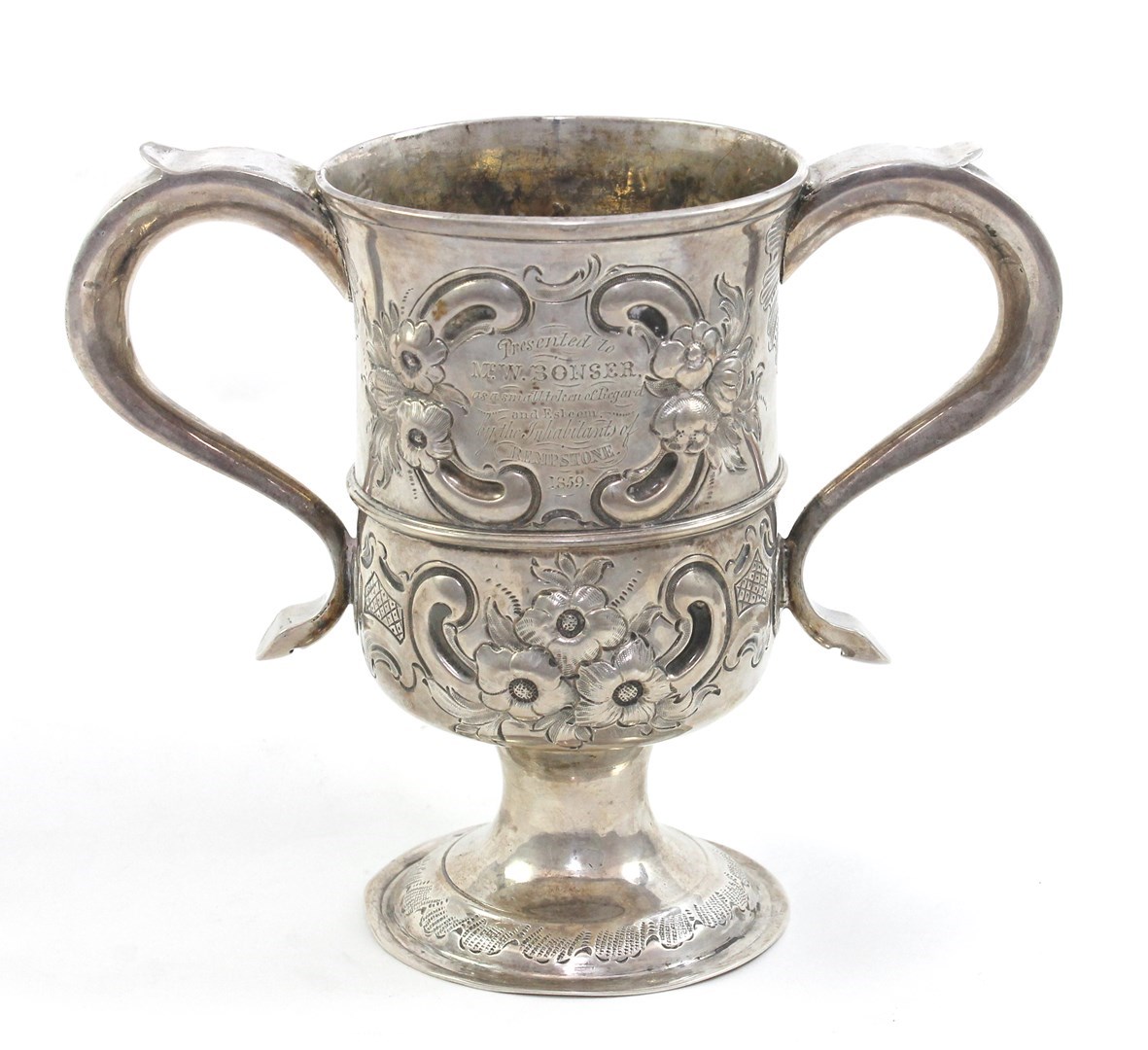 Appraisal: A George III silver twin handled cup later embossed with